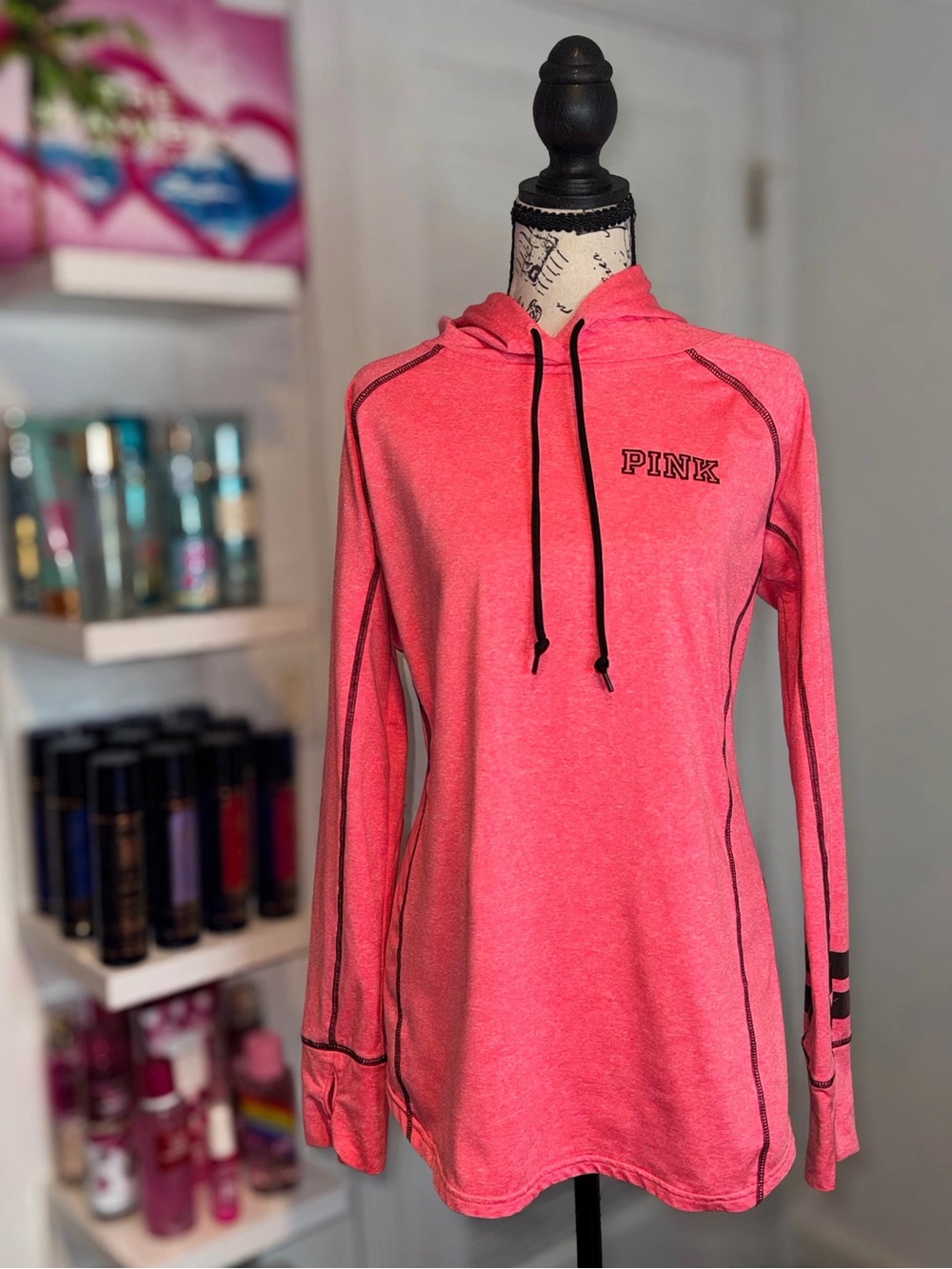 Victoria's Secret PINK Hoodie Size L Women’s Neon Coral Y2K Long-Sleeve Pullover
